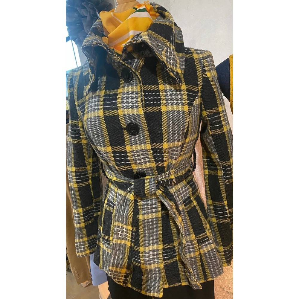 CoffeeShop Plaid Coat Belted Statement Collar Lined Oversized Buttons Large Y2K
